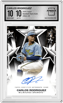 Carlos Rodriguez from the 2025 Topps set graded by Arena Club and given an overall grade of 10.
