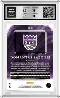Domantas Sabonis from the 2024-25 Panini Origins set featuring a Purple FOTL parallel graded by Arena Club and given an overall grade of 10.