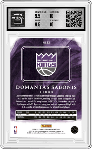 Domantas Sabonis from the 2024-25 Panini Origins set featuring a Purple FOTL parallel graded by Arena Club and given an overall grade of 10.