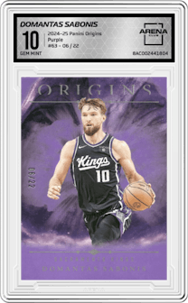 Domantas Sabonis from the 2024-25 Panini Origins set featuring a Purple FOTL parallel graded by Arena Club and given an overall grade of 10.