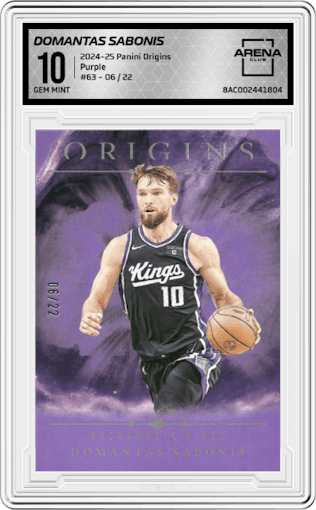 Domantas Sabonis from the 2024-25 Panini Origins set featuring a Purple FOTL parallel graded by Arena Club and given an overall grade of 10.