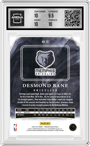 Desmond Bane from the 2024-25 Panini Origins set featuring a Purple FOTL parallel graded by Arena Club and given an overall grade of 10.