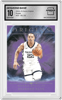Desmond Bane from the 2024-25 Panini Origins set featuring a Purple FOTL parallel graded by Arena Club and given an overall grade of 10.