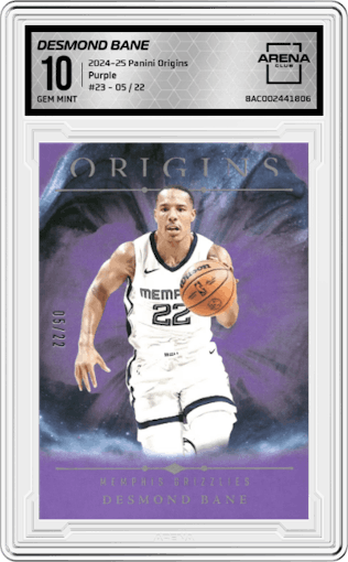 Desmond Bane from the 2024-25 Panini Origins set featuring a Purple FOTL parallel graded by Arena Club and given an overall grade of 10.