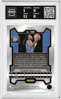 Cason Wallace from the 2023-24 Panini Prizm set featuring a Silver Prizm  parallel graded by Arena Club and given an overall grade of 9.5.