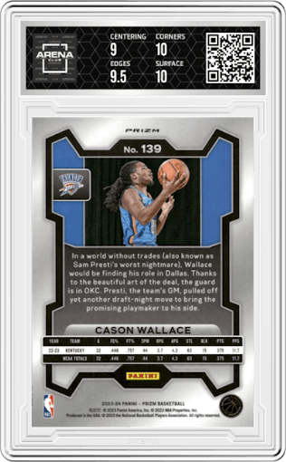 Cason Wallace from the 2023-24 Panini Prizm set featuring a Silver Prizm  parallel graded by Arena Club and given an overall grade of 9.5.