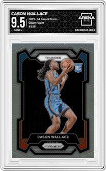 Cason Wallace from the 2023-24 Panini Prizm set featuring a Silver Prizm  parallel graded by Arena Club and given an overall grade of 9.5.