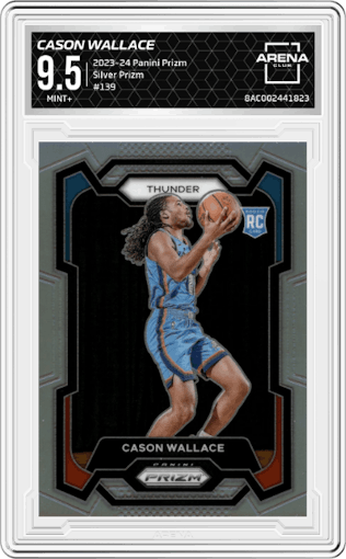 Cason Wallace from the 2023-24 Panini Prizm set featuring a Silver Prizm  parallel graded by Arena Club and given an overall grade of 9.5.