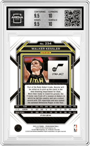 Walker Kessler from the 2022-23 Panini Prizm  set featuring a Ice Prizm parallel graded by Arena Club and given an overall grade of 10.
