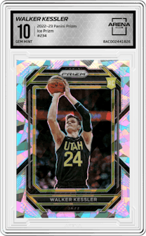 Walker Kessler from the 2022-23 Panini Prizm  set featuring a Ice Prizm parallel graded by Arena Club and given an overall grade of 10.