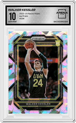 Walker Kessler from the 2022-23 Panini Prizm  set featuring a Ice Prizm parallel graded by Arena Club and given an overall grade of 10.