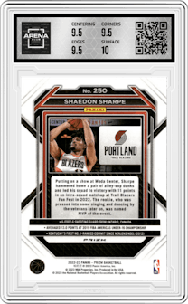 Shaedon Sharpe from the 2022-23 Panini Prizm  set featuring a Pink Ice parallel graded by Arena Club and given an overall grade of 10.