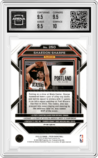 Shaedon Sharpe from the 2022-23 Panini Prizm  set featuring a Pink Ice parallel graded by Arena Club and given an overall grade of 10.