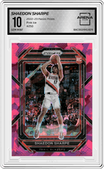 Shaedon Sharpe from the 2022-23 Panini Prizm  set featuring a Pink Ice parallel graded by Arena Club and given an overall grade of 10.