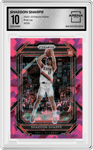 Shaedon Sharpe from the 2022-23 Panini Prizm  set featuring a Pink Ice parallel graded by Arena Club and given an overall grade of 10.