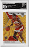 Dominique Wilkins from the 2019-20 Panini Mosaic  set featuring a Gold Wave parallel graded by Arena Club and given an overall grade of 9.5.