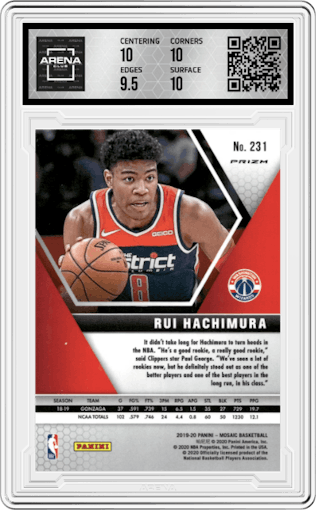 Rui Hachimura from the 2019-20 Panini Mosaic  set featuring a Reactive Orange parallel graded by Arena Club and given an overall grade of 10.