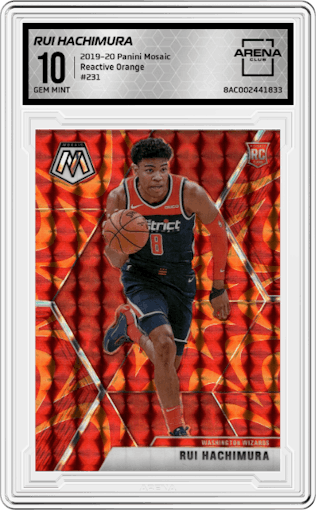 Rui Hachimura from the 2019-20 Panini Mosaic  set featuring a Reactive Orange parallel graded by Arena Club and given an overall grade of 10.