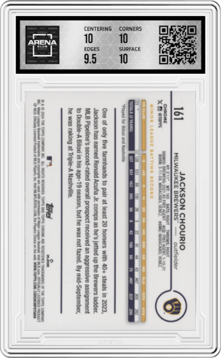 Jackson Chourio from the 2024 Topps Chrome set graded by Arena Club and given an overall grade of 10.