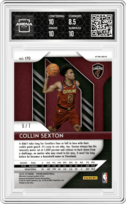 Collin Sexton from the 2018-19 Panini Prizm set featuring a Blue Shimmer parallel and given an overall grade of 9.