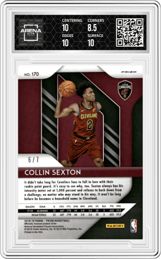 Collin Sexton from the 2018-19 Panini Prizm set featuring a Blue Shimmer parallel graded by Arena Club and given an overall grade of 9.