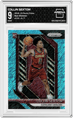 Collin Sexton from the 2018-19 Panini Prizm set featuring a Blue Shimmer parallel and given an overall grade of 9.