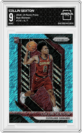 Collin Sexton from the 2018-19 Panini Prizm set featuring a Blue Shimmer parallel graded by Arena Club and given an overall grade of 9.
