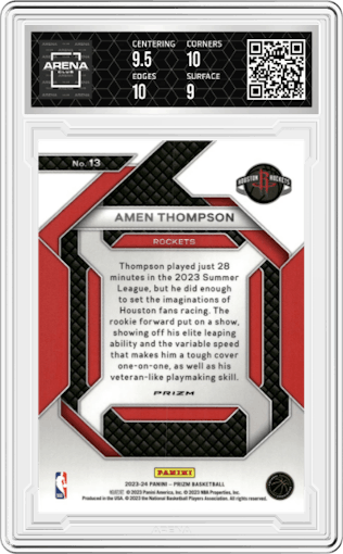 Amen Thompson from the 2023-24 Panini Prizm set featuring a Silver Prizm parallel graded by Arena Club and given an overall grade of 9.5.