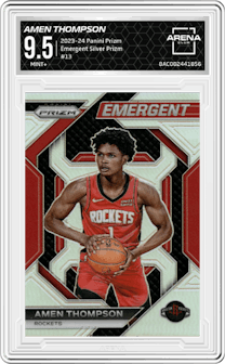 Amen Thompson from the 2023-24 Panini Prizm set featuring a Silver Prizm parallel graded by Arena Club and given an overall grade of 9.5.