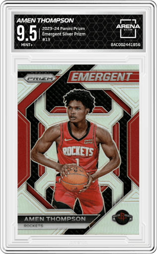 Amen Thompson from the 2023-24 Panini Prizm set featuring a Silver Prizm parallel graded by Arena Club and given an overall grade of 9.5.