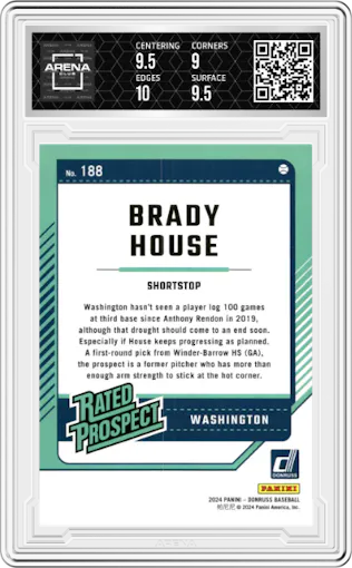 Brady House from the 2024 Panini Donruss set featuring a On Fire parallel graded by Arena Club and given an overall grade of 9.5.