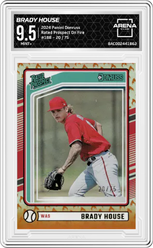 Brady House from the 2024 Panini Donruss set featuring a On Fire parallel graded by Arena Club and given an overall grade of 9.5.