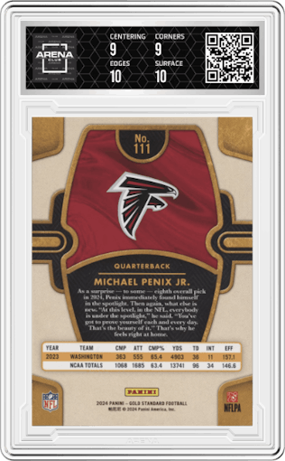Michael Penix Jr. from the 2024 Panini Gold Standard set graded by Arena Club and given an overall grade of 9.5.