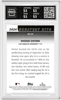 Shohei Ohtani from the 2025 Topps set featuring a Green Foil parallel graded by Arena Club and given an overall grade of 9.