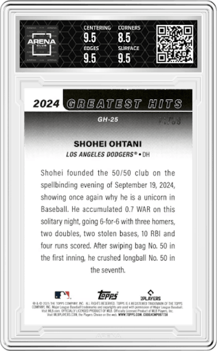 Shohei Ohtani from the 2025 Topps set featuring a Green Foil parallel graded by Arena Club and given an overall grade of 9.