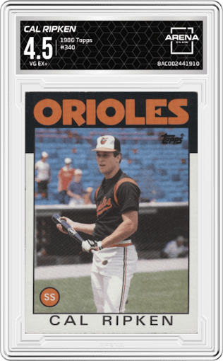 Cal Ripken from the 1986 Topps set graded by Arena Club and given an overall grade of 4.5.