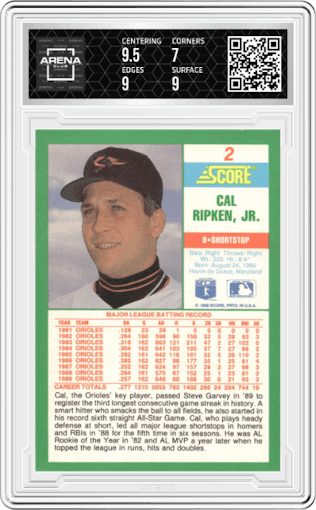 Cal Ripken, Jr from the 1990 Score set graded by Arena Club and given an overall grade of 7.5.