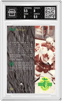 Paul Kariya from the 1993 Classic Four Sport set graded by Arena Club and given an overall grade of 8.5.