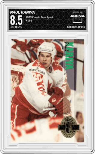 Paul Kariya from the 1993 Classic Four Sport set graded by Arena Club and given an overall grade of 8.5.