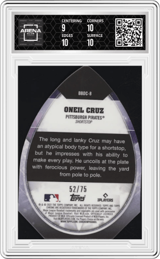 Oneil Cruz from the 2022 Topps Chrome Ben Baller set featuring a Blue Refractor  parallel graded by Arena Club and given an overall grade of 9.5.