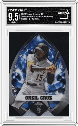 Oneil Cruz from the 2022 Topps Chrome Ben Baller set featuring a Blue Refractor  parallel graded by Arena Club and given an overall grade of 9.5.