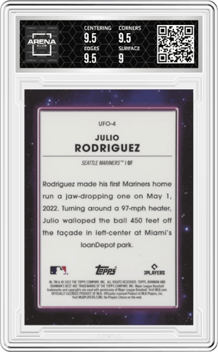 Julio Rodriguez from the 2022 Bowman’s Best   set graded by Arena Club and given an overall grade of 9.5.