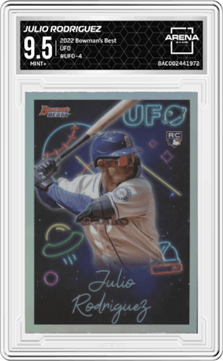 Julio Rodriguez from the 2022 Bowman’s Best   set graded by Arena Club and given an overall grade of 9.5.