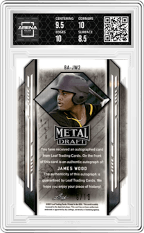 James Wood from the 2021 Leaf Metal Draft set featuring a Rainbow RWB parallel graded by Arena Club and given an overall grade of 9.