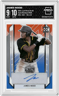 James Wood from the 2021 Leaf Metal Draft set featuring a Rainbow RWB parallel graded by Arena Club and given an overall grade of 9.