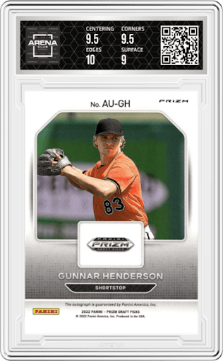 Gunnar Henderson from the 2022 Panini Prizm Draft Picks set graded by Arena Club and given an overall grade of 9.5.
