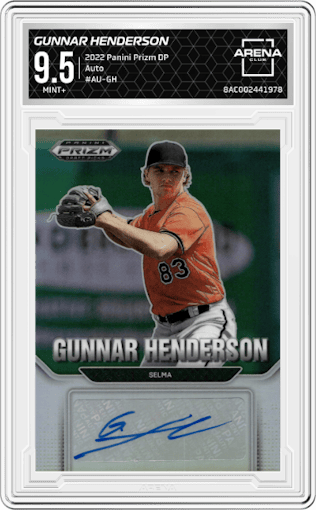 Gunnar Henderson from the 2022 Panini Prizm Draft Picks set graded by Arena Club and given an overall grade of 9.5.