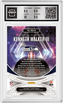 Kenneth Walker III from the 2022 Panini Phoenix set featuring a Purple parallel graded by Arena Club and given an overall grade of 10.