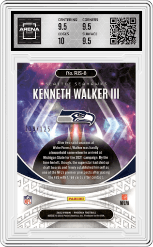 Kenneth Walker III from the 2022 Panini Phoenix set featuring a Purple parallel graded by Arena Club and given an overall grade of 10.