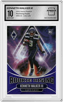 Kenneth Walker III from the 2022 Panini Phoenix set featuring a Purple parallel graded by Arena Club and given an overall grade of 10.